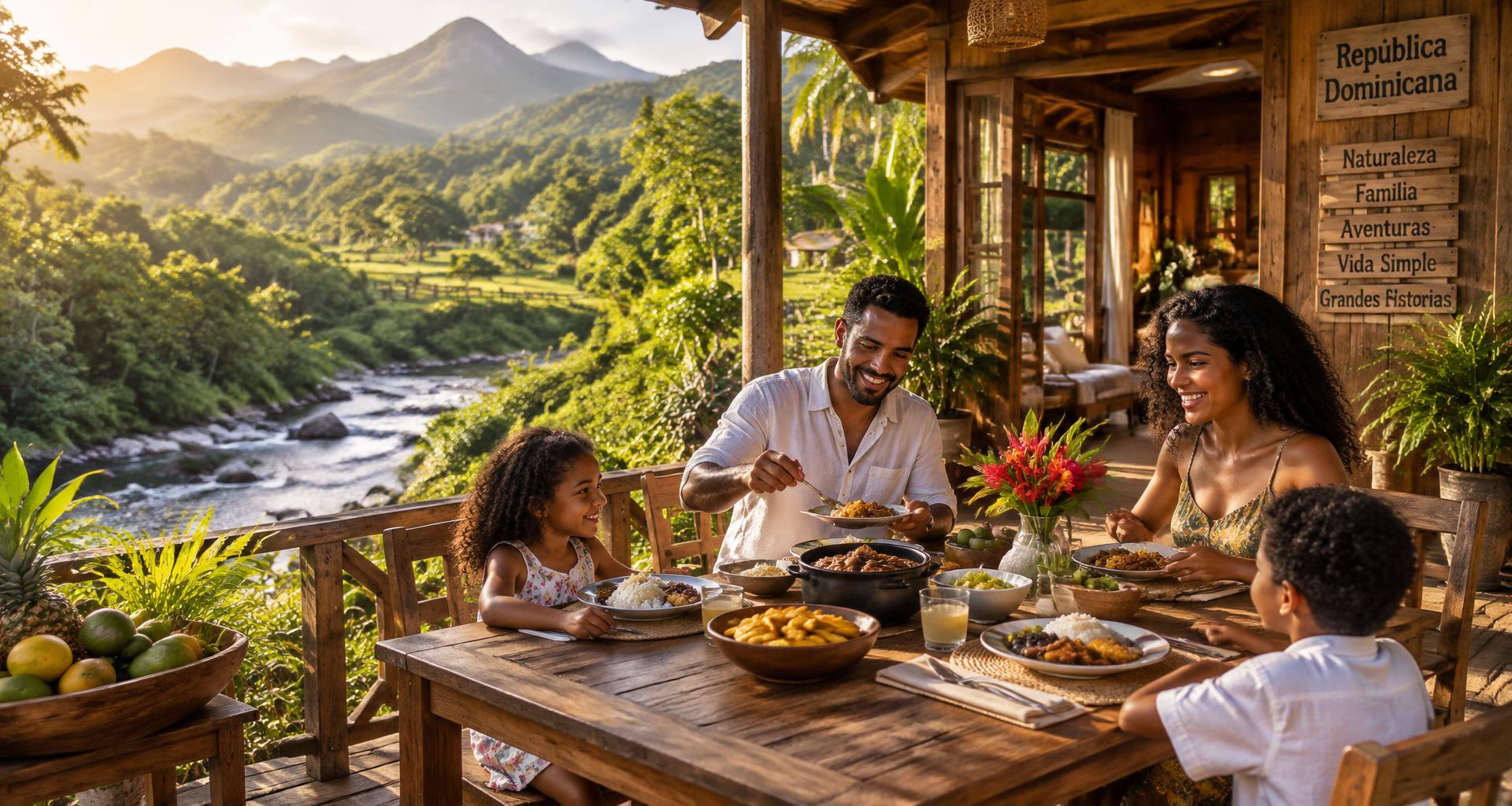 Familia compartiendo una comida en la terraza de una hermosa casa de madera ecológica junto al río, con montañas y árboles en Villas Martin Lorenzo